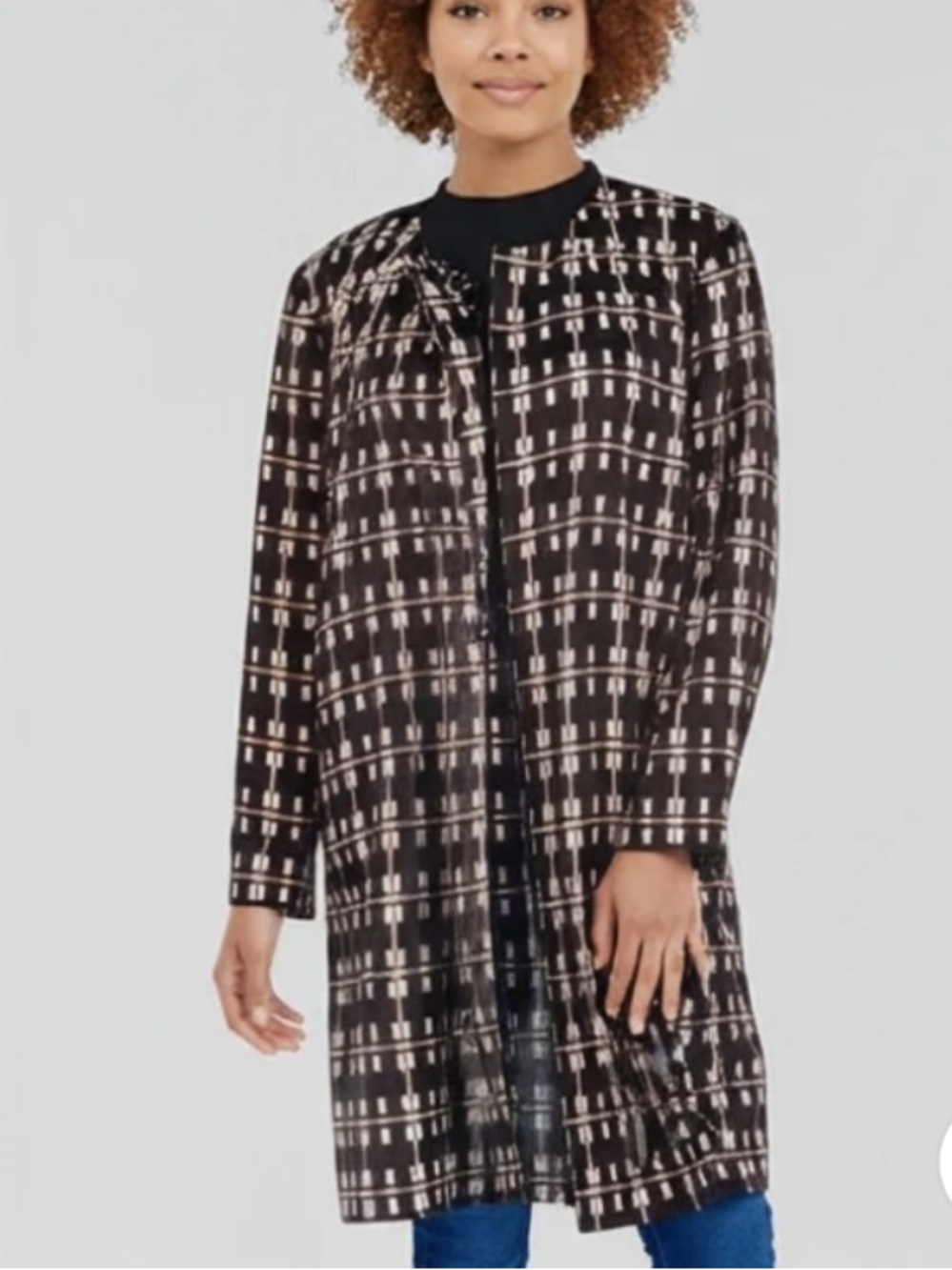 Black & Cream Patterned Long Trench Coat